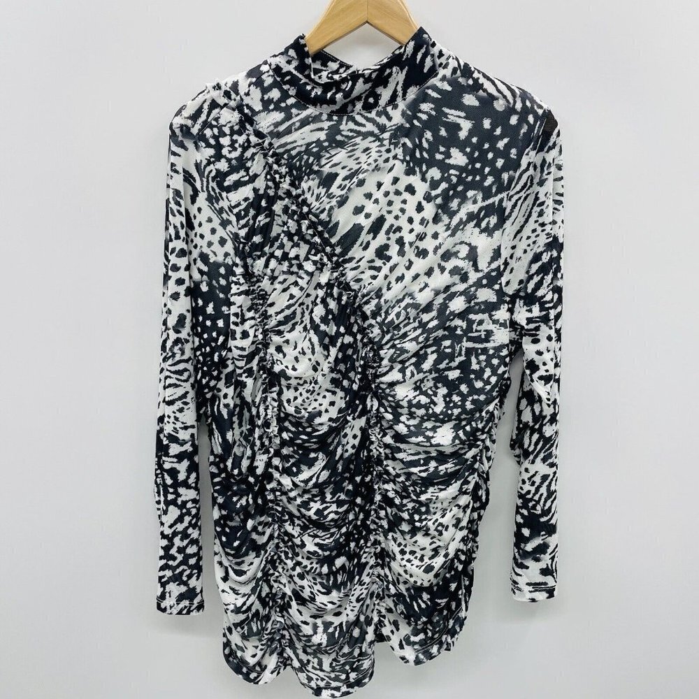 Cable & Gauge Womens Plus Size 1X Ruched Printed Long Sleeve Blouse White‎ 2368
